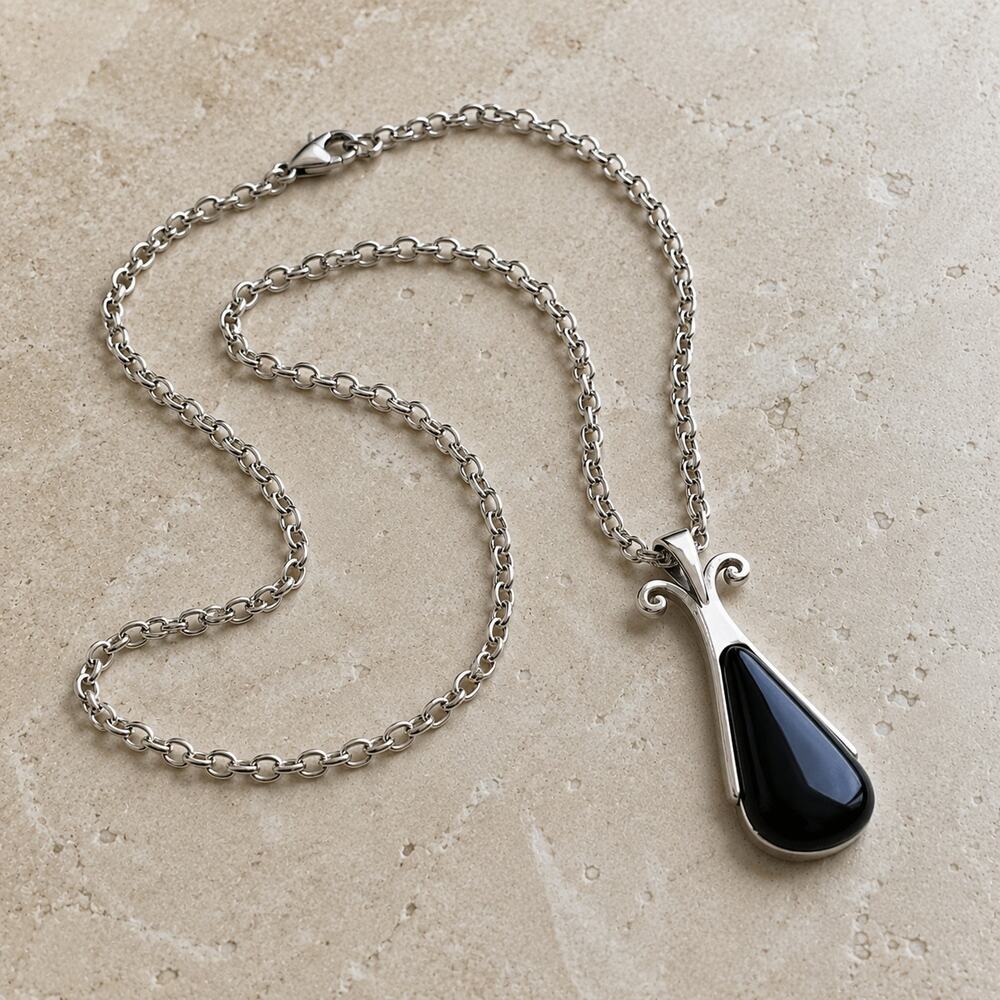 Vintage Avon Pendant Necklace 24" Silver Tone Modernist Black Statement 1970s - Picture 2 of 11